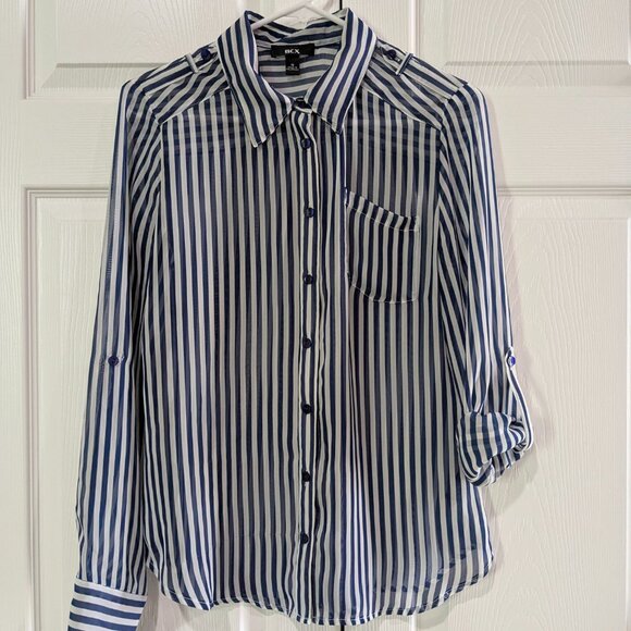 BCX Women's Sheer Striped Blouse Blue White, Size M, Long Sleeve, Button Front - Picture 2 of 16